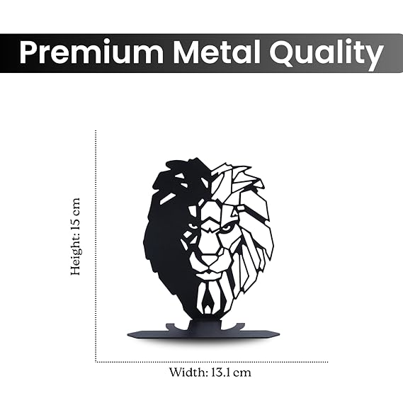 Lion Face Metal Table Decor | Matte Black Tabletop Showpiece | Modern Home Office Desk Living Room Décor Sculpture | Artistic Symbolic Decorative Accent