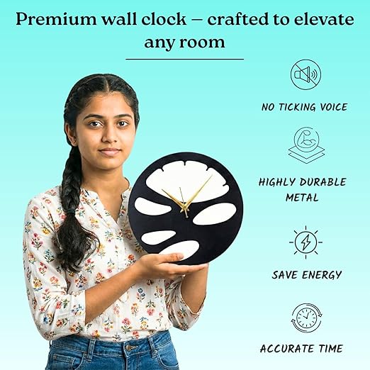 Metal Analog Wall Clock for Living Room, Bedroom, Office & Hall | Stylish Modern Home Decor Wall Clock | Battery Operated | Contemporary Minimal Round Design | Black