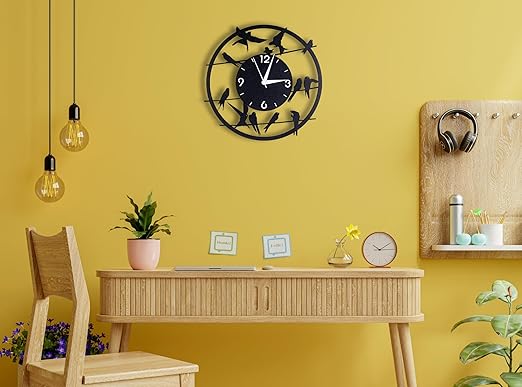 Birds On Wire Metallic Analog Wall Clock | Stylish Big Home & Office Wall Décor (33 x 33 cm) | Black Color | Battery Included