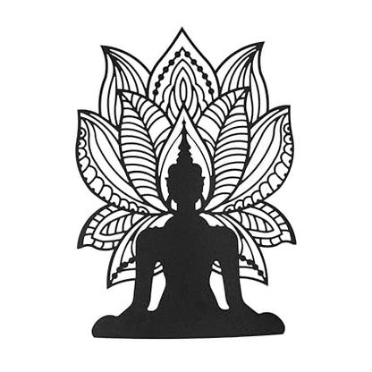 Lotus Meditation Buddha Mandala Metal Wall Art | Antique Black Wall Hanging Décor for Home & Office (42 x 30 cm)