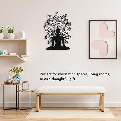 Lotus Meditation Buddha Mandala Metal Wall Art | Antique Black Wall Hanging Décor for Home & Office (42 x 30 cm)