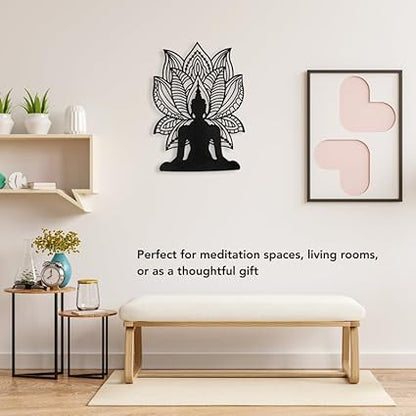 Lotus Meditation Buddha Mandala Metal Wall Art | Antique Black Wall Hanging Décor for Home & Office (42 x 30 cm)