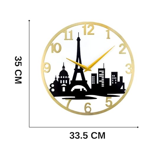 Paris Eiffel Tower Metal Analog Wall Clock for Home & Office – Silent, Stylish Wall Decor (35 x 30 cm) – Gold Frame, Battery Included