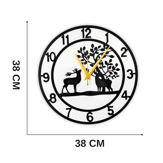 Reindeer Metallic Analog Wall Clock for Living Room, Bedroom, Kids Room and Kitchen | (35 X 38 CM) Stylish| Black Color (Battery Included)