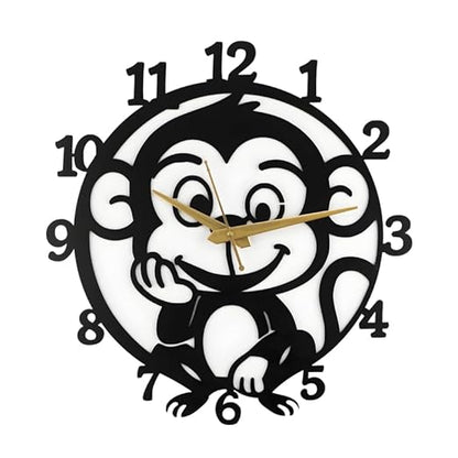 Monkey Metallic Analog Wall Clock for Home & Office – Silent Modern Wall Decor for Living Room, Bedroom, Kids Room & Kitchen (35 x 30 cm) – Black Color, Battery Included