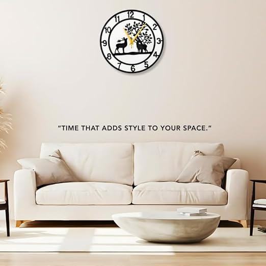 Reindeer Metallic Analog Wall Clock for Living Room, Bedroom, Kids Room and Kitchen | (35 X 38 CM) Stylish| Black Color (Battery Included)