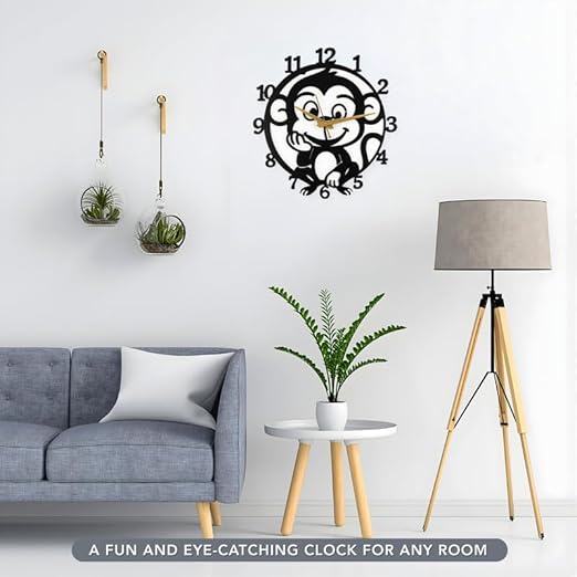 Monkey Metallic Analog Wall Clock for Home & Office – Silent Modern Wall Decor for Living Room, Bedroom, Kids Room & Kitchen (35 x 30 cm) – Black Color, Battery Included