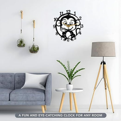 Monkey Metallic Analog Wall Clock for Home & Office – Silent Modern Wall Decor for Living Room, Bedroom, Kids Room & Kitchen (35 x 30 cm) – Black Color, Battery Included