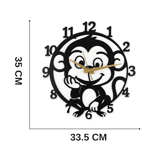 Monkey Metallic Analog Wall Clock for Home & Office – Silent Modern Wall Decor for Living Room, Bedroom, Kids Room & Kitchen (35 x 30 cm) – Black Color, Battery Included