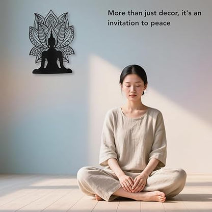 Lotus Meditation Buddha Mandala Metal Wall Art | Antique Black Wall Hanging Décor for Home & Office (42 x 30 cm)