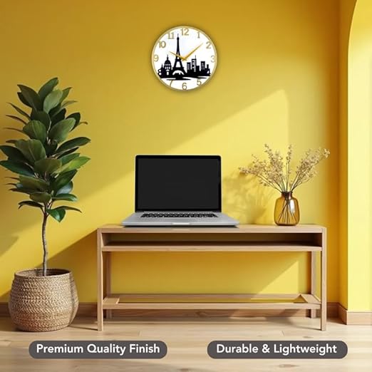 Paris Eiffel Tower Metal Analog Wall Clock for Home & Office – Silent, Stylish Wall Decor (35 x 30 cm) – Gold Frame, Battery Included