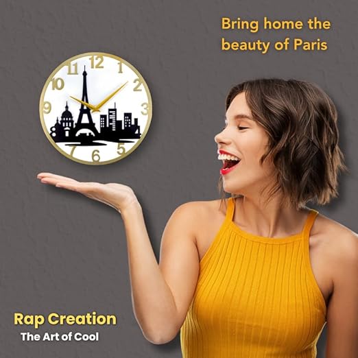 Paris Eiffel Tower Metal Analog Wall Clock for Home & Office – Silent, Stylish Wall Decor (35 x 30 cm) – Gold Frame, Battery Included