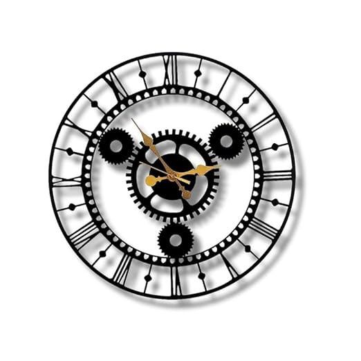 Gold Needle Roman Numerals Gear Metal Analog Wall Clock for Home,Office,Living Room,Bedroom,Kids Room, Kitchen | Big Size Stylish Home Decor| (48.2 X 48.2 CM) | Black (Battery Included)