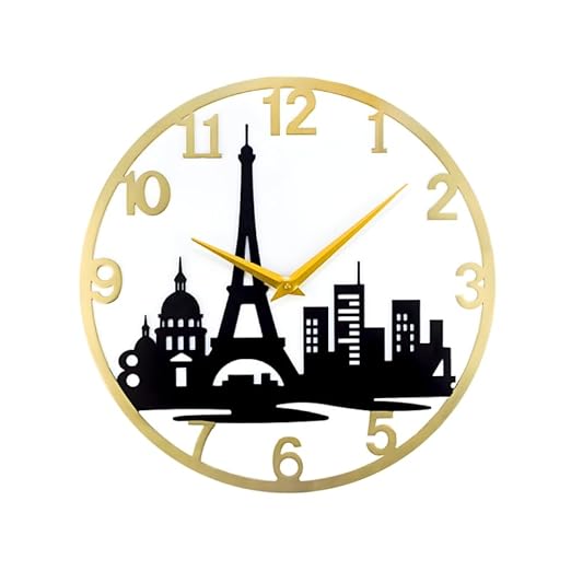 Paris Eiffel Tower Metal Analog Wall Clock for Home & Office – Silent, Stylish Wall Decor (35 x 30 cm) – Gold Frame, Battery Included