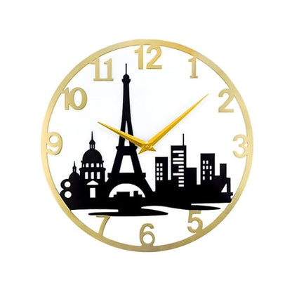 Paris Eiffel Tower Metal Analog Wall Clock for Home & Office – Silent, Stylish Wall Decor (35 x 30 cm) – Gold Frame, Battery Included