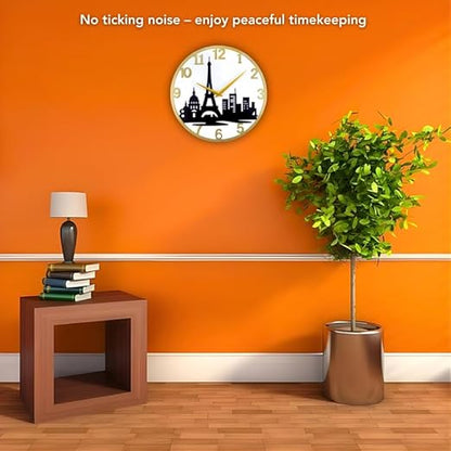 Paris Eiffel Tower Metal Analog Wall Clock for Home & Office – Silent, Stylish Wall Decor (35 x 30 cm) – Gold Frame, Battery Included