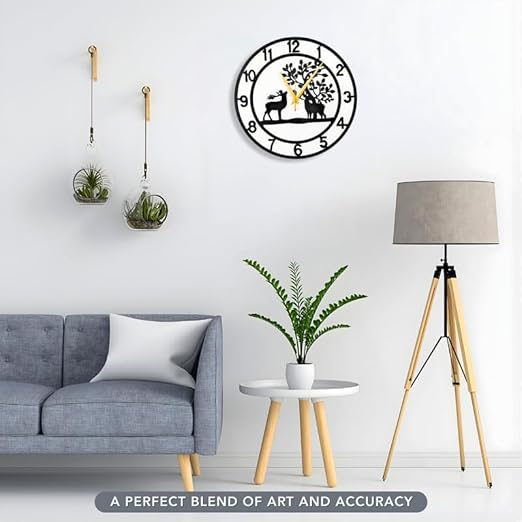 Reindeer Metallic Analog Wall Clock for Living Room, Bedroom, Kids Room and Kitchen | (35 X 38 CM) Stylish| Black Color (Battery Included)