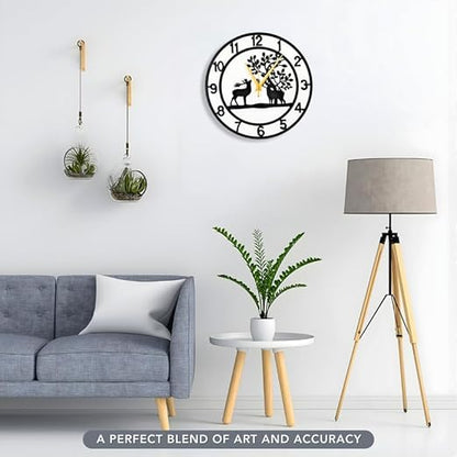Reindeer Metallic Analog Wall Clock for Living Room, Bedroom, Kids Room and Kitchen | (35 X 38 CM) Stylish| Black Color (Battery Included)