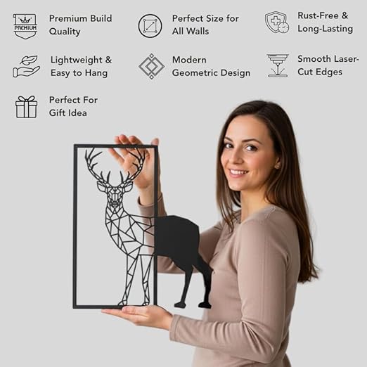 Aesthetic Laser-Cut Reindeer Deer Metal Wall Art | Premium Black Wall Hanging Decor Frame for Home & Office Interiors (35 x 40 cm)