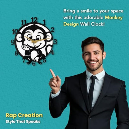 Monkey Metallic Analog Wall Clock for Home & Office – Silent Modern Wall Decor for Living Room, Bedroom, Kids Room & Kitchen (35 x 30 cm) – Black Color, Battery Included