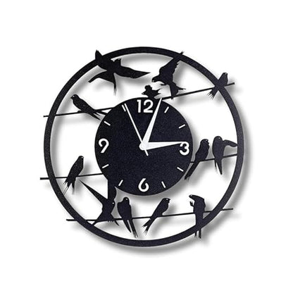 Birds On Wire Metallic Analog Wall Clock | Stylish Big Home & Office Wall Décor (33 x 33 cm) | Black Color | Battery Included