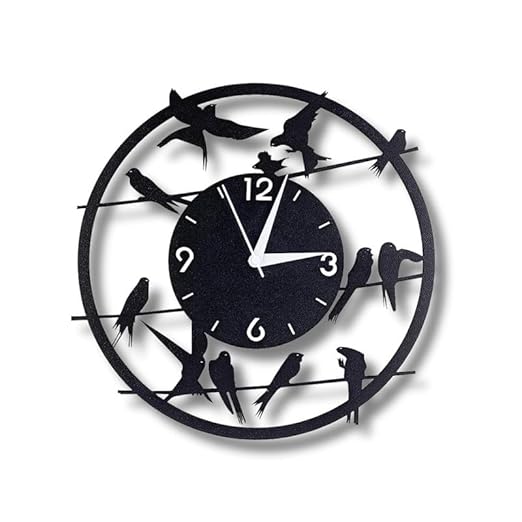 Birds On Wire Metallic Analog Wall Clock | Stylish Big Home & Office Wall Décor (33 x 33 cm) | Black Color | Battery Included