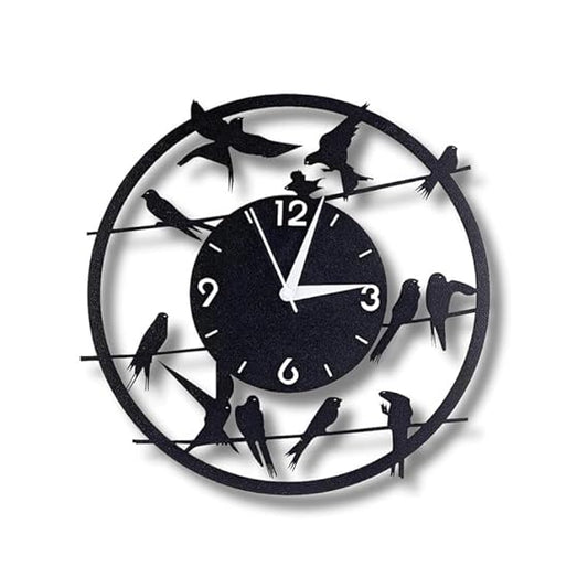 Birds on Wire Metallic Wall Clock for Home & Office – Stylish Black Analog Design, Modern Wall Decor (33 x 33 cm) | Battery Included