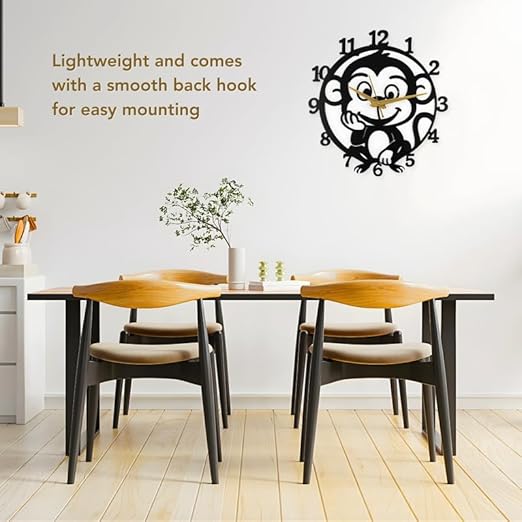 Monkey Metallic Analog Wall Clock for Home & Office – Silent Modern Wall Decor for Living Room, Bedroom, Kids Room & Kitchen (35 x 30 cm) – Black Color, Battery Included