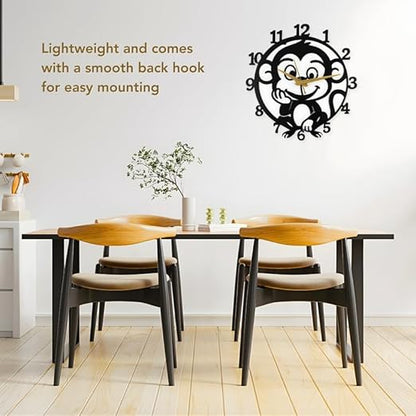 Monkey Metallic Analog Wall Clock for Home & Office – Silent Modern Wall Decor for Living Room, Bedroom, Kids Room & Kitchen (35 x 30 cm) – Black Color, Battery Included