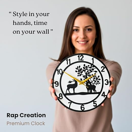 Reindeer Metallic Analog Wall Clock for Living Room, Bedroom, Kids Room and Kitchen | (35 X 38 CM) Stylish| Black Color (Battery Included)