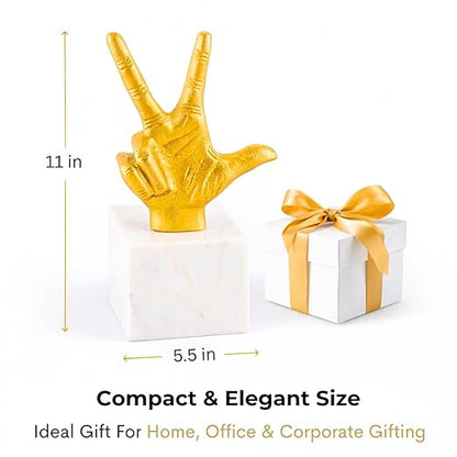 Aluminium Victory Hand Statue with Marble Base | Gold Finish Decorative Showpiece for Living Room, Office & Tabletop | Modern Artistic Home & Office Decor Accent