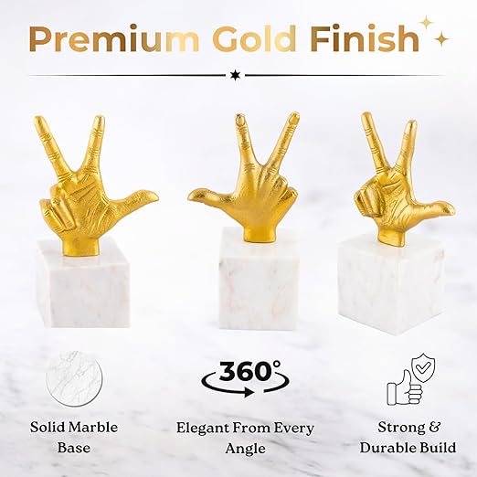 Aluminium Victory Hand Statue with Marble Base | Gold Finish Decorative Showpiece for Living Room, Office & Tabletop | Modern Artistic Home & Office Decor Accent