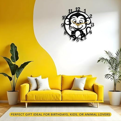 Monkey Metallic Analog Wall Clock for Home & Office – Silent Modern Wall Decor for Living Room, Bedroom, Kids Room & Kitchen (35 x 30 cm) – Black Color, Battery Included