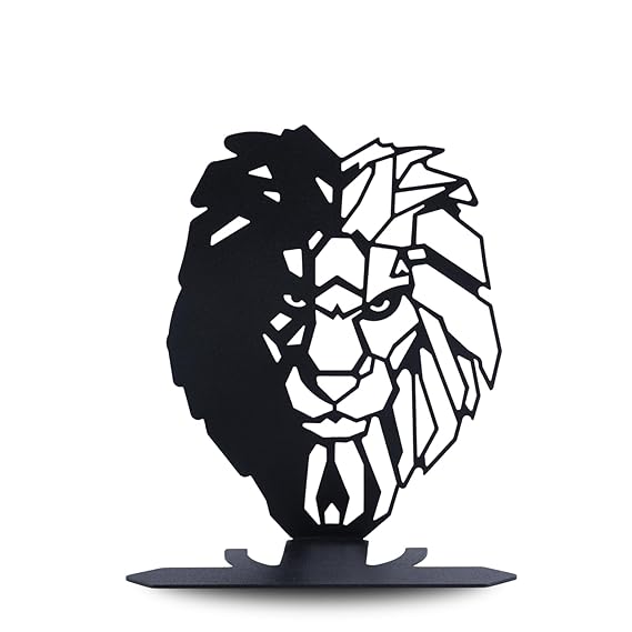 Lion Face Metal Table Decor | Matte Black Tabletop Showpiece | Modern Home Office Desk Living Room Décor Sculpture | Artistic Symbolic Decorative Accent