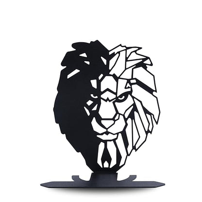 Lion Face Metal Table Decor | Matte Black Tabletop Showpiece | Modern Home Office Desk Living Room Décor Sculpture | Artistic Symbolic Decorative Accent