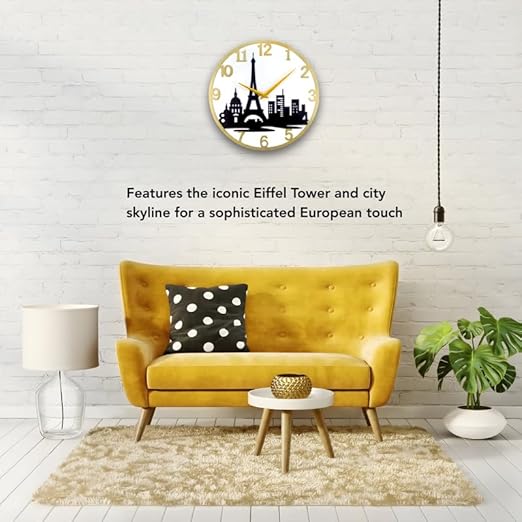Paris Eiffel Tower Metal Analog Wall Clock for Home & Office – Silent, Stylish Wall Decor (35 x 30 cm) – Gold Frame, Battery Included