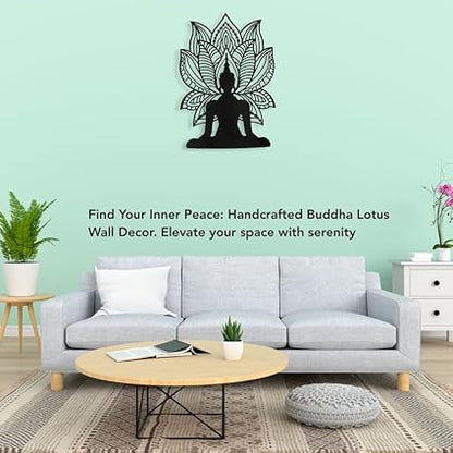 Lotus Meditation Buddha Mandala Metal Wall Art | Antique Black Wall Hanging Décor for Home & Office (42 x 30 cm)