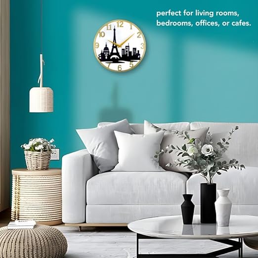 Paris Eiffel Tower Metal Analog Wall Clock for Home & Office – Silent, Stylish Wall Decor (35 x 30 cm) – Gold Frame, Battery Included