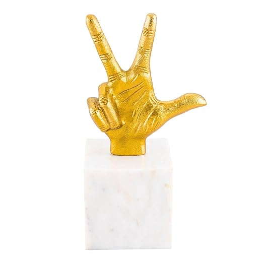 Aluminium Victory Hand Statue with Marble Base | Gold Finish Decorative Showpiece for Living Room, Office & Tabletop | Modern Artistic Home & Office Decor Accent