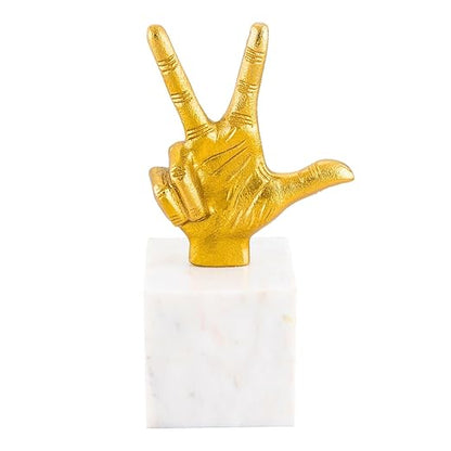 Aluminium Victory Hand Statue with Marble Base | Gold Finish Decorative Showpiece for Living Room, Office & Tabletop | Modern Artistic Home & Office Decor Accent