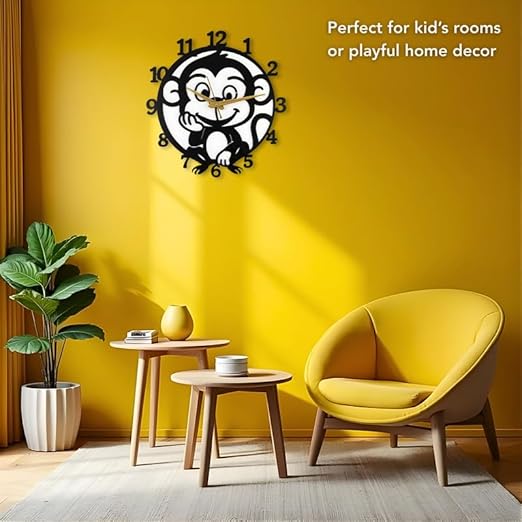 Monkey Metallic Analog Wall Clock for Home & Office – Silent Modern Wall Decor for Living Room, Bedroom, Kids Room & Kitchen (35 x 30 cm) – Black Color, Battery Included
