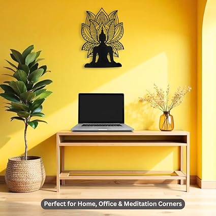 Lotus Meditation Buddha Mandala Metal Wall Art | Antique Black Wall Hanging Décor for Home & Office (42 x 30 cm)