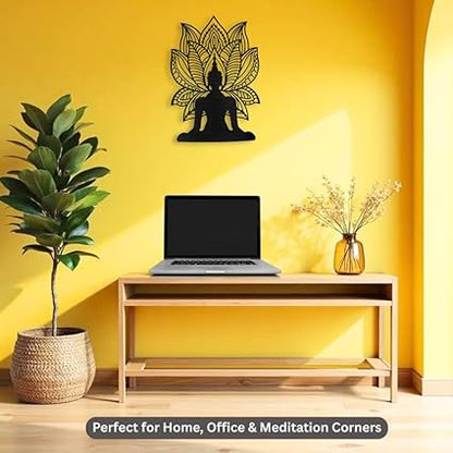Lotus Meditation Buddha Mandala Metal Wall Art | Antique Black Wall Hanging Décor for Home & Office (42 x 30 cm)