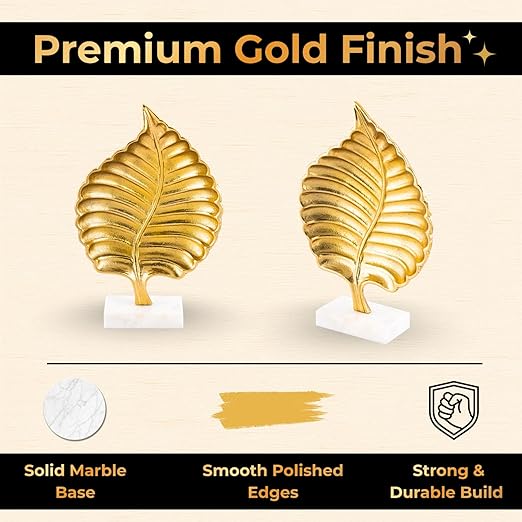 Aluminium Leaf Decorative Showpiece with Marble Base | Gold Finish Modern Tabletop Decor for Living Room Office & Bedroom | Elegant Artistic Home Decor Accent