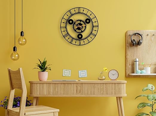 Gold Needle Roman Numerals Gear Metal Analog Wall Clock for Home,Office,Living Room,Bedroom,Kids Room, Kitchen | Big Size Stylish Home Decor| (48.2 X 48.2 CM) | Black (Battery Included)