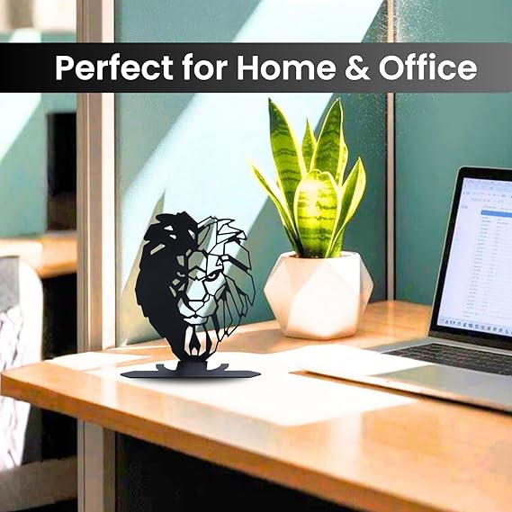 Lion Face Metal Table Decor | Matte Black Tabletop Showpiece | Modern Home Office Desk Living Room Décor Sculpture | Artistic Symbolic Decorative Accent