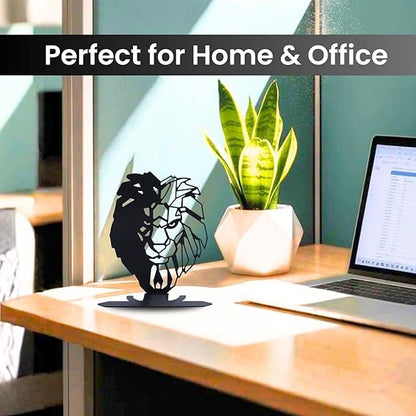 Lion Face Metal Table Decor | Matte Black Tabletop Showpiece | Modern Home Office Desk Living Room Décor Sculpture | Artistic Symbolic Decorative Accent