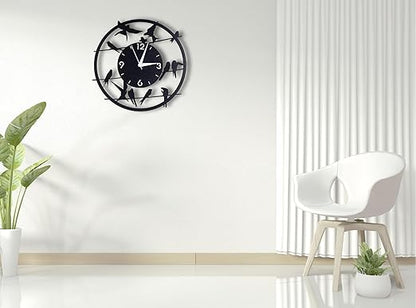Birds On Wire Metallic Analog Wall Clock | Stylish Big Home & Office Wall Décor (33 x 33 cm) | Black Color | Battery Included