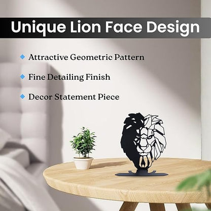 Lion Face Metal Table Decor | Matte Black Tabletop Showpiece | Modern Home Office Desk Living Room Décor Sculpture | Artistic Symbolic Decorative Accent