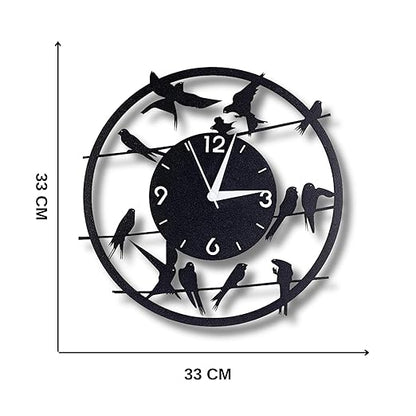 Birds On Wire Metallic Analog Wall Clock | Stylish Big Home & Office Wall Décor (33 x 33 cm) | Black Color | Battery Included